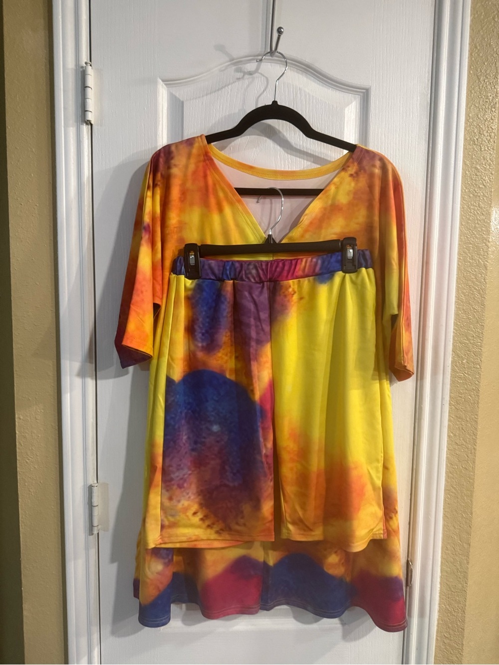 Vibrant Yellow Multi-Color Tie-Dye Women's Top with Matching Shorts